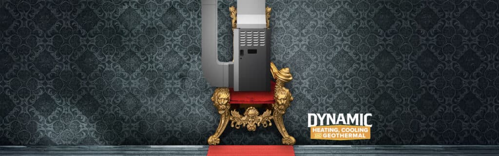 Heating unit "sitting in" a royal throne with an ornate backdrop.