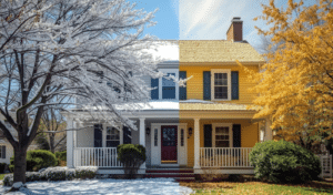 Residential home shown in winter and autumn, illustrating seasonal weather changes on the same house.