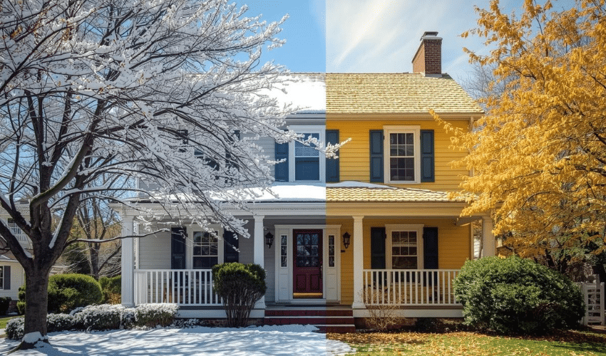 Residential home shown in winter and autumn, illustrating seasonal weather changes on the same house.