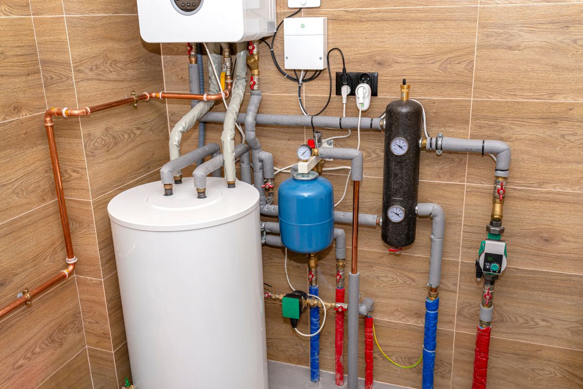 A modern gas boiler for natural gas, installed in a boiler room lined with ceramic tiles, 120 liter hot water tank visible