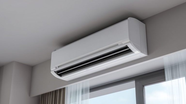 Air-conditioning-unit-mounted-on-wall-in-modern-room-with-large-window-and-curtains-during-daytime